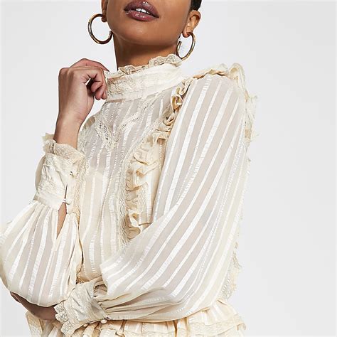 Cream Long Sleeve Lace Frill Blouse Top River Island