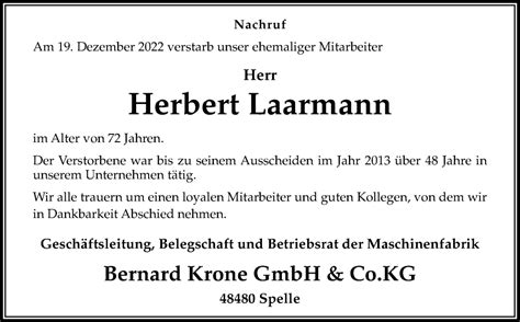 Traueranzeigen Von Herbert Laarmann Noz Trauerportal