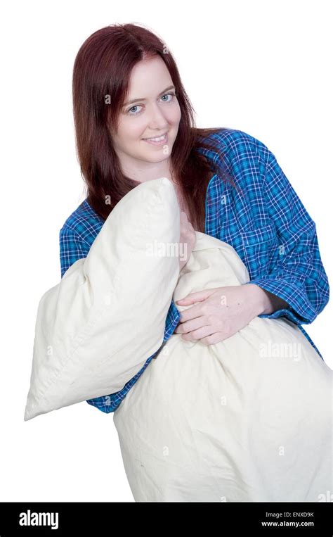 Woman Hugging Pillow Stock Photo Alamy