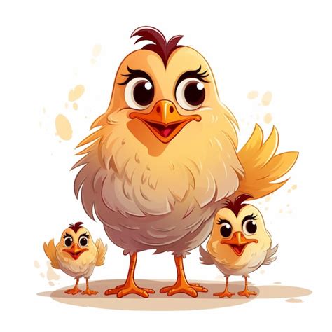 Premium AI Image | Cartoon mother hen and two chicks on white background