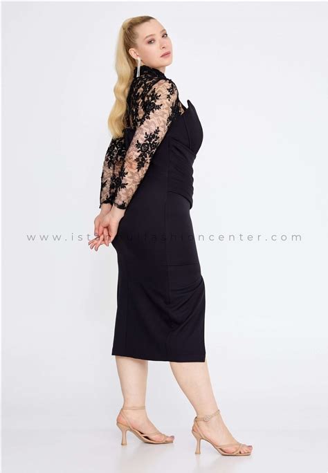 ALCHERA Long Sleeve Midi Crepe Column Plus Size Black Wedding Guest