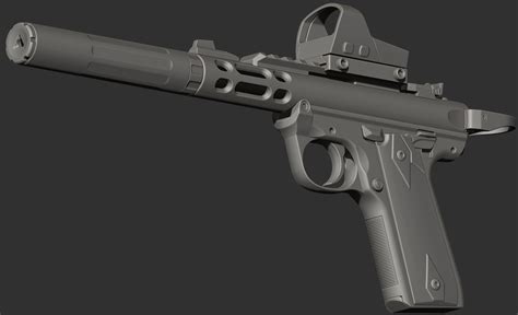 [WIP] Ruger Mark IV Lite + Suppressor and Reflex Sight — polycount