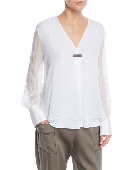 Brunello Cucinelli V Neck Sheer Long Sleeve Silk Chiffon Layered Blouse