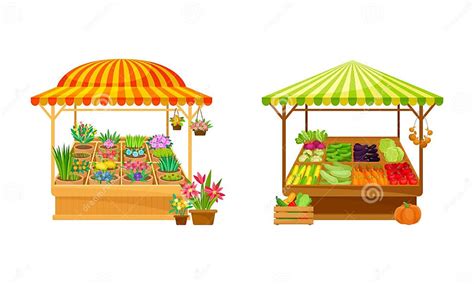 Street Market Stall And Stand With Awning And Various Products Like