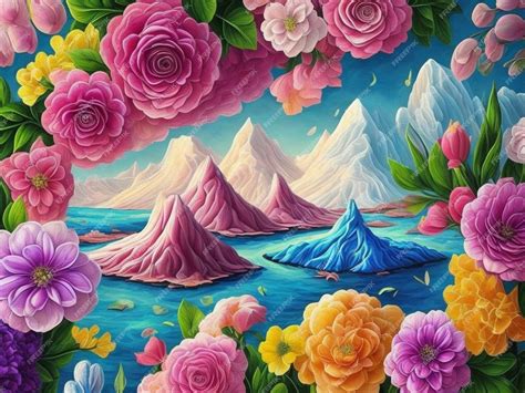 Premium AI Image | A painting of mountains and flowers with mountains ...