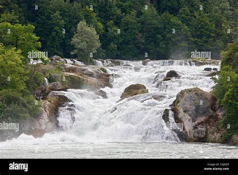 Tourist boat and visitors at Rhine Falls (Rheinfall) at Schaffhausen ...