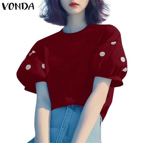 Vonda Women Korean Casual Round Neck Puff Sleeve Polka Dot Elegant