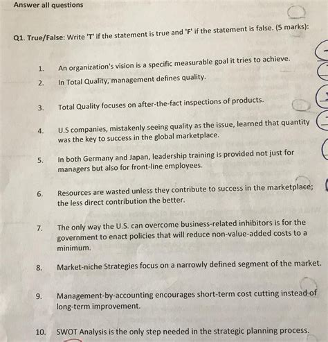 Solved Answer All Questions Q1 True False Write T If The