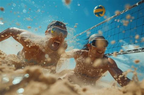 Premium Photo | Beach Volleyball Players in MidAir Competition Two ...