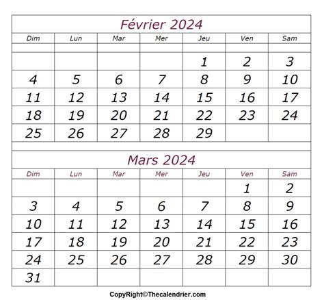 Calendrier Mois Février Mars 2024 a Imprimer The Calendrier