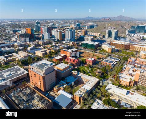 Tempe city downtown and Arizona State University ASU main campus aerial view in city of Tempe ...