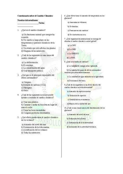Cuestionario sobre el Cambio Climático Cuestionario sobre el Cambio