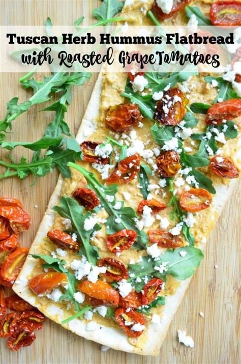 Tuscan Herb Hummus Flatbread With Roasted Tomatoes Katie S Cucina