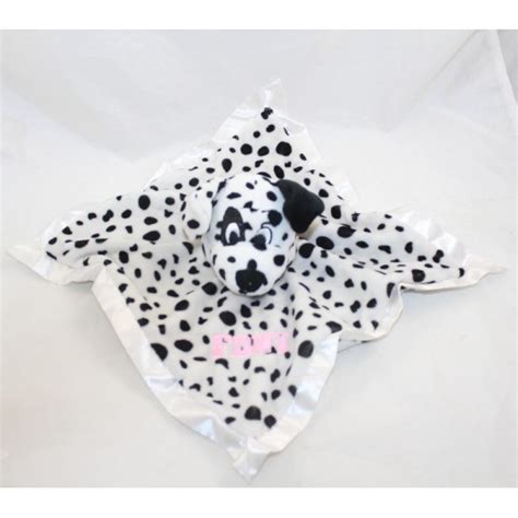 Doudou plat chien dalmatien FDNY brodé en rose bords satin blanc 30