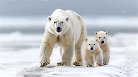 Una Familia De Osos Polares Caminando Por El Hielo La Madre Oso Est