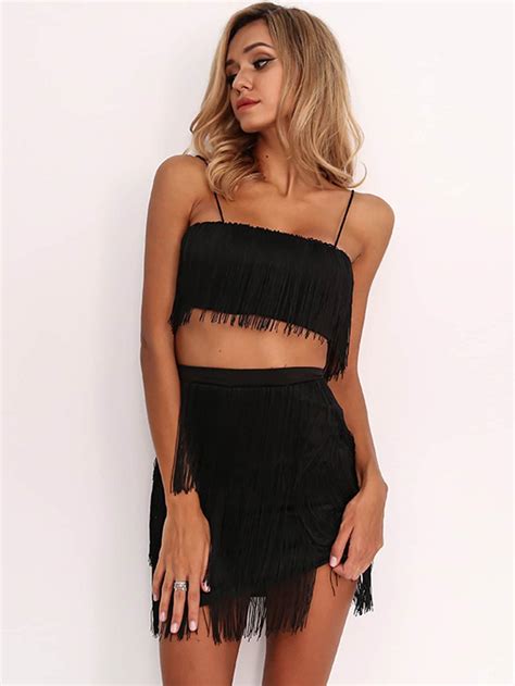 Joyfunear Fringe Detail Crop Cami Top And Skirt Set Top Skirt Set Cami