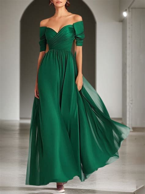 Dreamylily Women Formal Evening Gown Dark Green Off-The-Shoulder