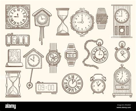 Watches Set Drawing Clocks Timers Alarms Vector Pictures Collection