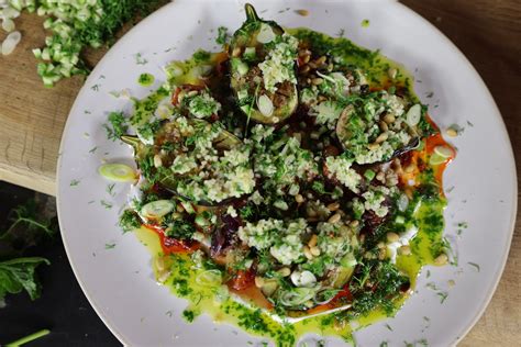 Burnt Aubergine With Tabbouleh Whipped Vegan Cheese And Harissa