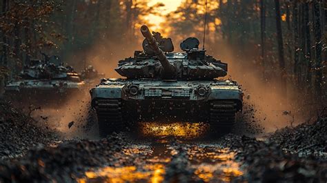 Two Military Tanks Driving Through Mud In A Forest Premium Ai