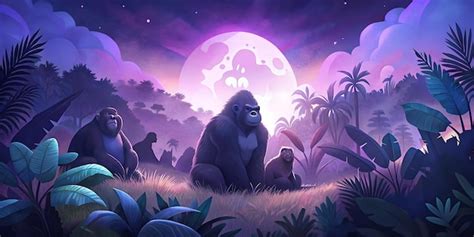 Gorilla Family Resting in Moonlit Jungle as Wallpaper or Poster Design ...