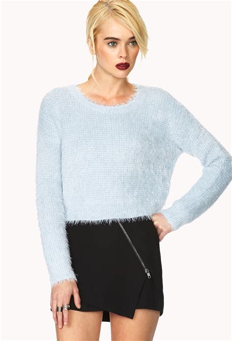 Lyst Forever 21 Favorite Fuzzy Cropped Sweater In Blue