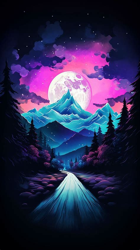 Free 4k, hd wallpaper road, mountains, moon, full moon, trees, art ...