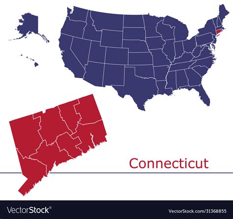 Connecticut map counties with usa map Royalty Free Vector