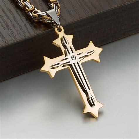 Vintage Men Cross Pendant Necklace Stainless Steel Silver Gold Men