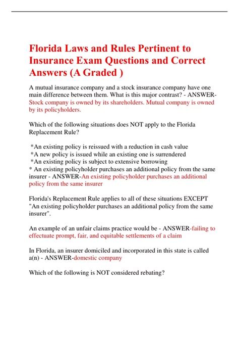 Florida Laws and Rules Pertinent to Insurance Exam Questions and