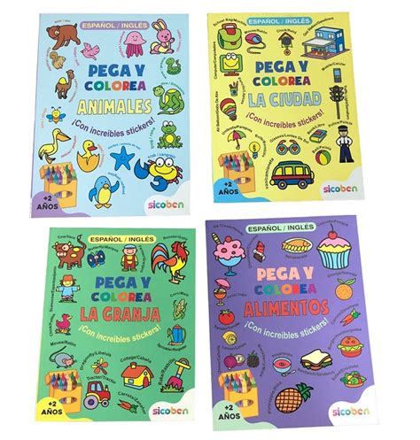 LIBRO PEGA Y COLOREA EN ESPAÑOL INGLES SICOBEN Eleven Kids