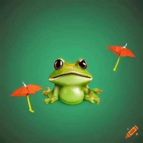 Image Of Frogs With Leaf Umbrellas On A Green Background On Craiyon