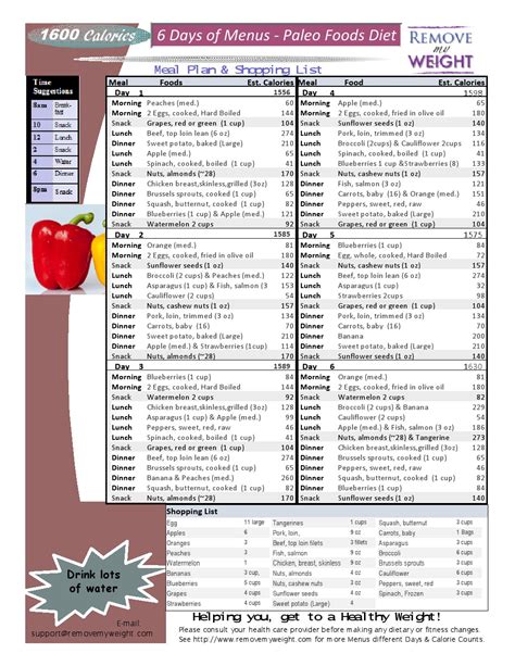 1600 Calories A Day 6 Day Paleo Diet With Shoppong List Printable Menu Plan For Weight Loss