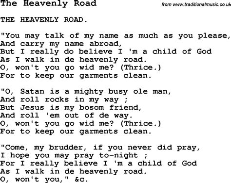 Negro Spiritual Slave Song Lyrics For The Heavenly Road