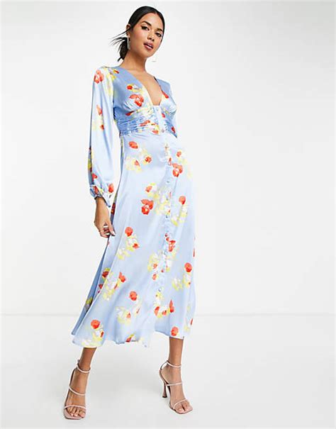 Asos Design Satin Button Through Midi Tea Dress With Fluted Sleeves In