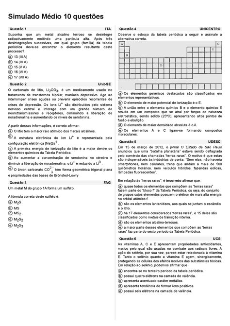 Exercicios De Tabela Periodica