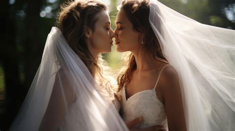 Lesbianas con vestidos de ceremonia de boda abrazándose disfrutando de