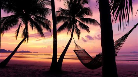 Hammock Suspended Between Palm Trees On Beach Generative Ai Stock