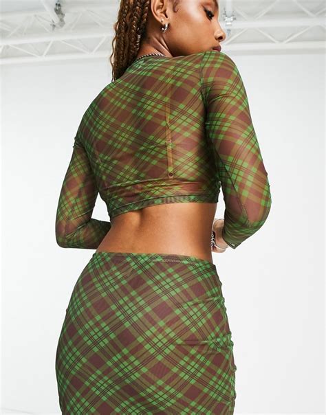 Reclaimed Vintage Inspired Long Sleeve Check Mesh Crop Top With Ruched