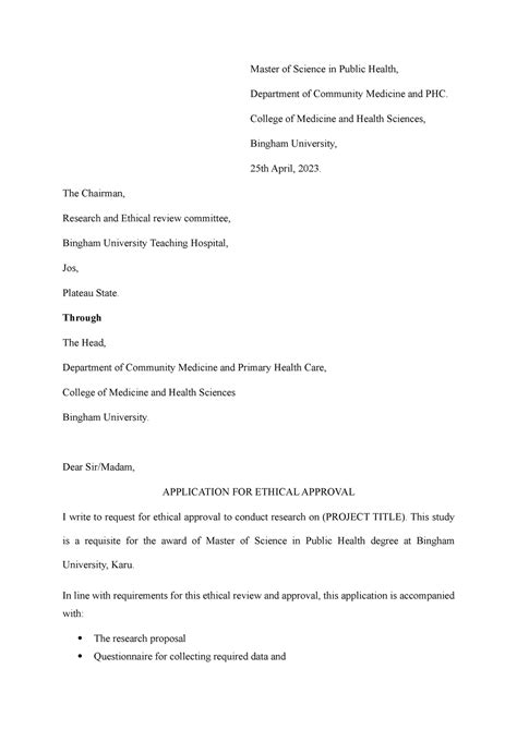 Ethical Approval Letter Master Of Science In Public Health