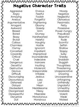 Character Traits Lists Lists Positive Neutral Negative And Synonyms