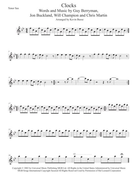 Clocks Arr Kevin Busse By Coldplay Sheet Music For Tenor Sax Solo At