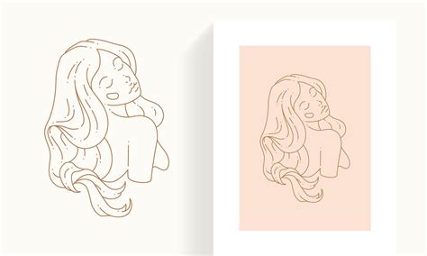 Romantic Feminine With Long Hair Closed Eyes Posing Naked Body Relaxing Monochrome Icon Postcard