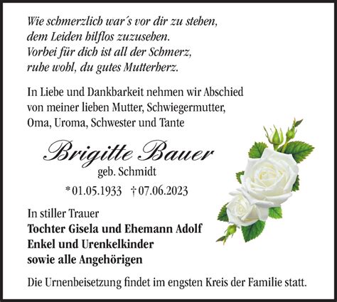 Traueranzeigen von Brigitte Bauer Märkische Onlinezeitung Trauerportal