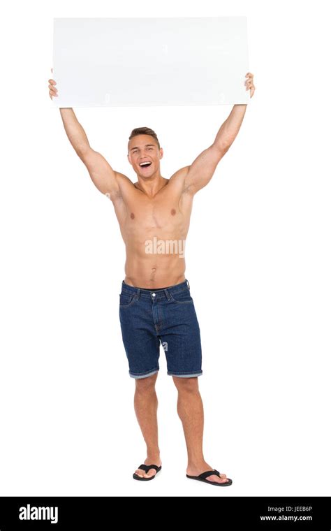 Half Naked Fit Man In Jeans Shorts And Black Flip Flops Standing