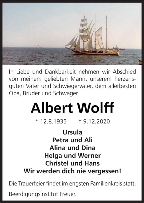 Traueranzeigen Von Albert Wolff Noz Trauerportal