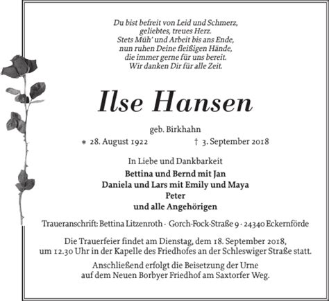 Traueranzeigen Von Ilse Hansen Sh Z Trauer