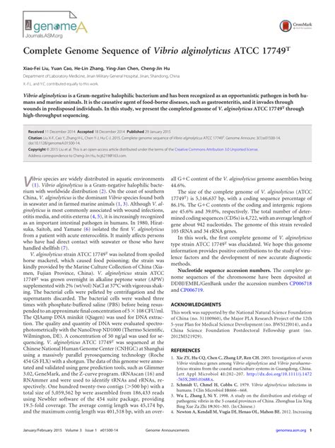 (PDF) Complete Genome Sequence of Vibrio alginolyticus ATCC 17749 T