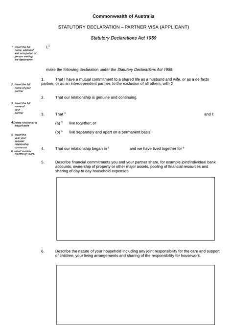 Statutory Declaration Partner Visa Applicant Commonwealth Of