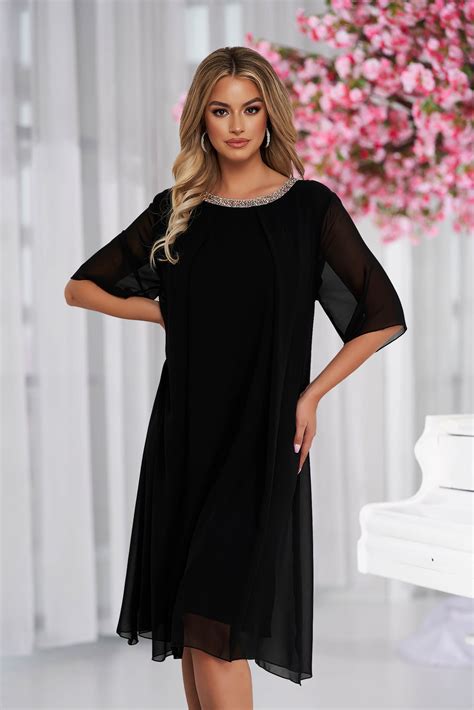 From Veil Fabric Midi Loose Fit With Crystal Embellished Details Black